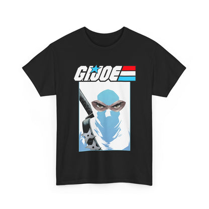 Black t-shirt with G.I. Joe graphic featuring a character with a blue mask and weapon on a white background.