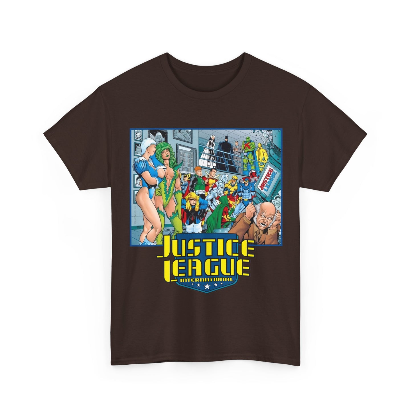 Justice League International T-Shirt - Kevin Maguire Art - Blue Beetle, Booster Gold, Martian Manhunter, Captain Atom, Batman, Fire, Ice - DC Comics - JLI