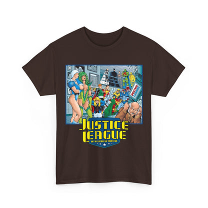 Justice League International T-Shirt - Kevin Maguire Art - Blue Beetle, Booster Gold, Martian Manhunter, Captain Atom, Batman, Fire, Ice - DC Comics - JLI