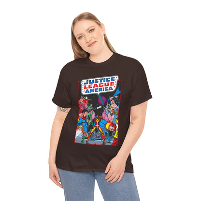 Justice League of America T-Shirt - George Perez Art - 1980s Satellite Era - Superman, Wonder Woman, Firestorm, Green Lantern, Batman - DC Comics