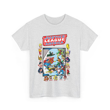 JLA & JSA T-Shirt - George Perez Art - All-Star Squadron - Firestorm, Huntress, Starman, Zatanna, Liberty Belle, Superman, Robotman, Firebrand, Dr Fate - DC Comics
