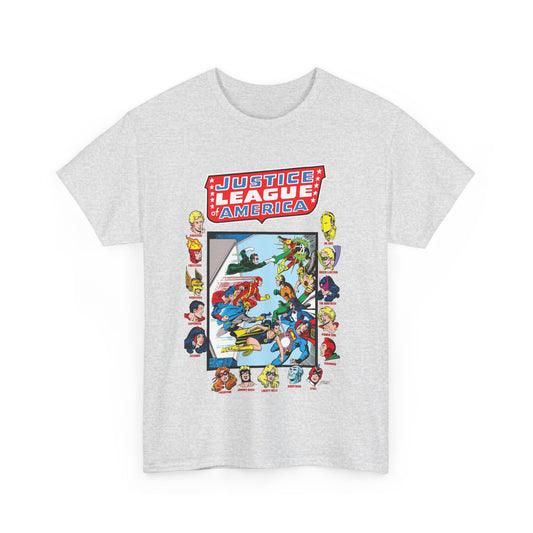 JLA & JSA T-Shirt - George Perez Art - All-Star Squadron - Firestorm, Huntress, Starman, Zatanna, Liberty Belle, Superman, Robotman, Firebrand, Dr Fate - DC Comics