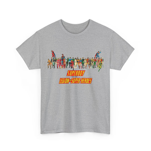 Superboy & Legion of Super-Heroes T-Shirt - 1970s DC Comics Art - Saturn Girl, Lightning Lad, Brainiac 5, Supergirl, Dawnstar, Mon-El, Bouncing Boy, Wildfire - LOSH
