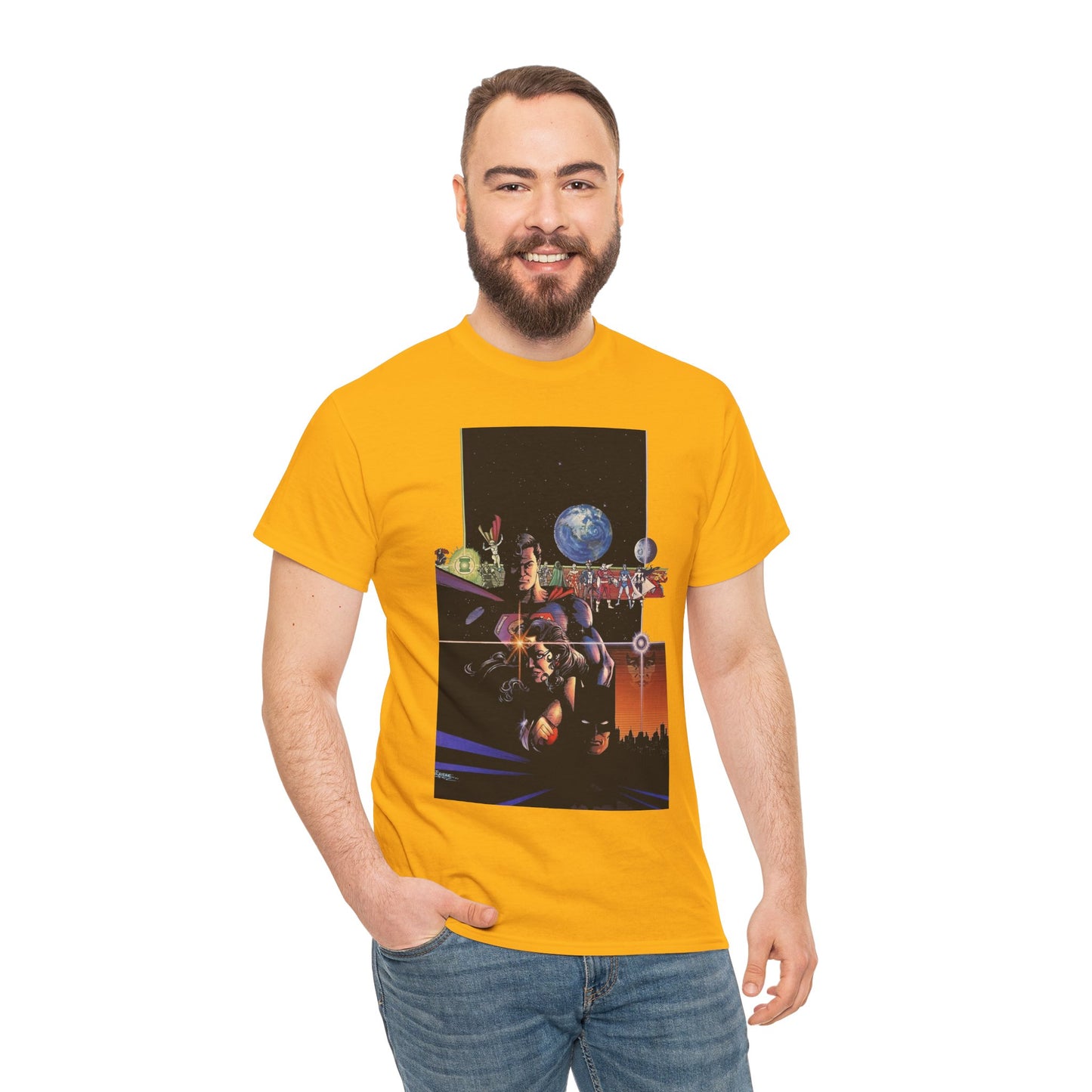 Crisis on Infinite Earths T-Shirt - George Perez Art - Superman, Batman, Wonder Woman, Captain Marvel, Blue Beetle, Kid Flash - Retro 1980s - DC Comics