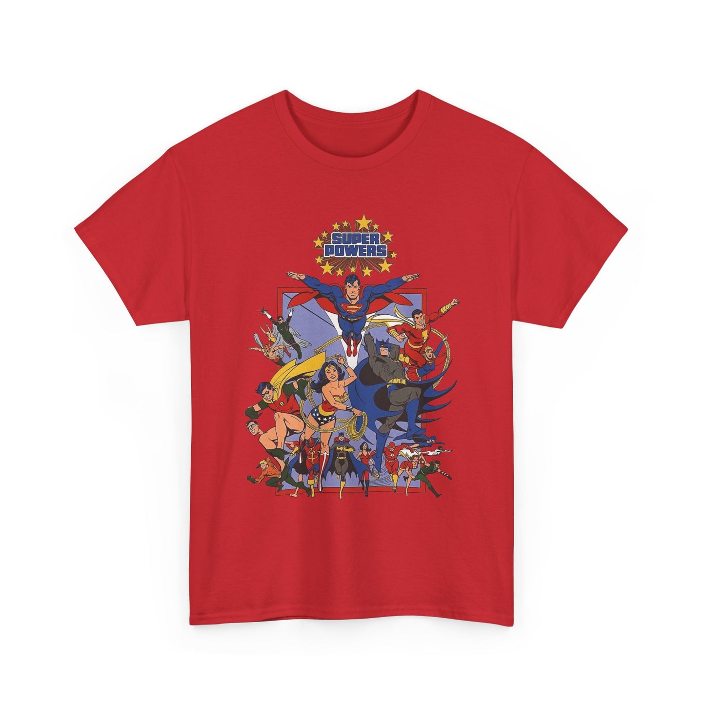 Super Powers T-Shirt - Superman, Flash, Wonder Woman, Batman, Batgirl, Robin, Plastic Man, Aquaman, Hawkman, Supergirl - 1980s Kenner Toy Line - Retro DC Comics
