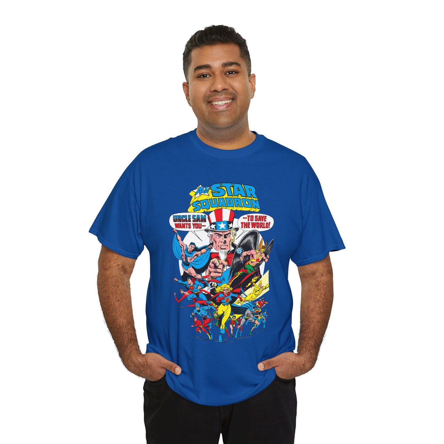 All-Star Squadron T-Shirt - Jerry Ordway Art - Uncle Sam, Hawkman, Superman, Liberty Belle, Black Condor, the Ray, Batman, Plastic Man - JSA Link - DC Comics