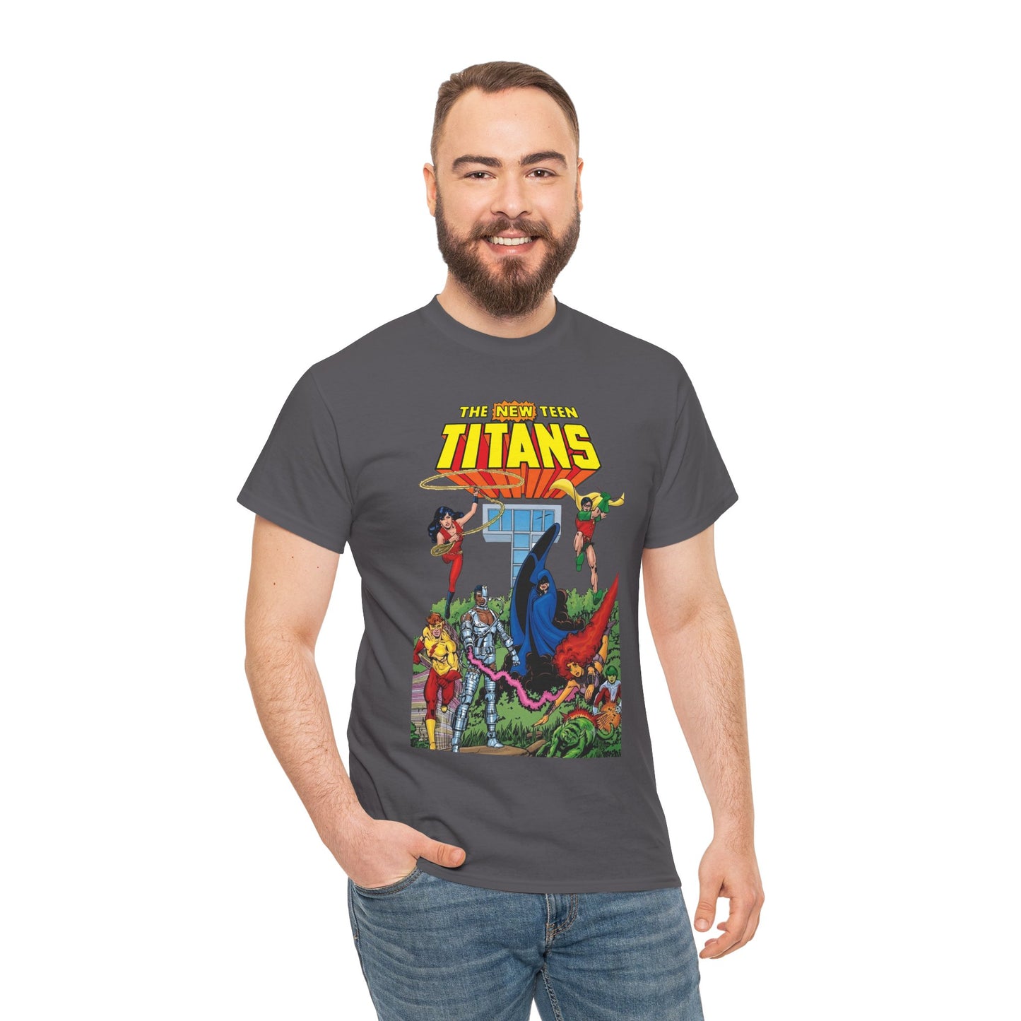 New Teen Titans T-Shirt - George Perez Art - Robin, Wonder Girl, Cyborg, Raven, Changeling, Starfire, Kid Flash - Titans Tower - DC Comics