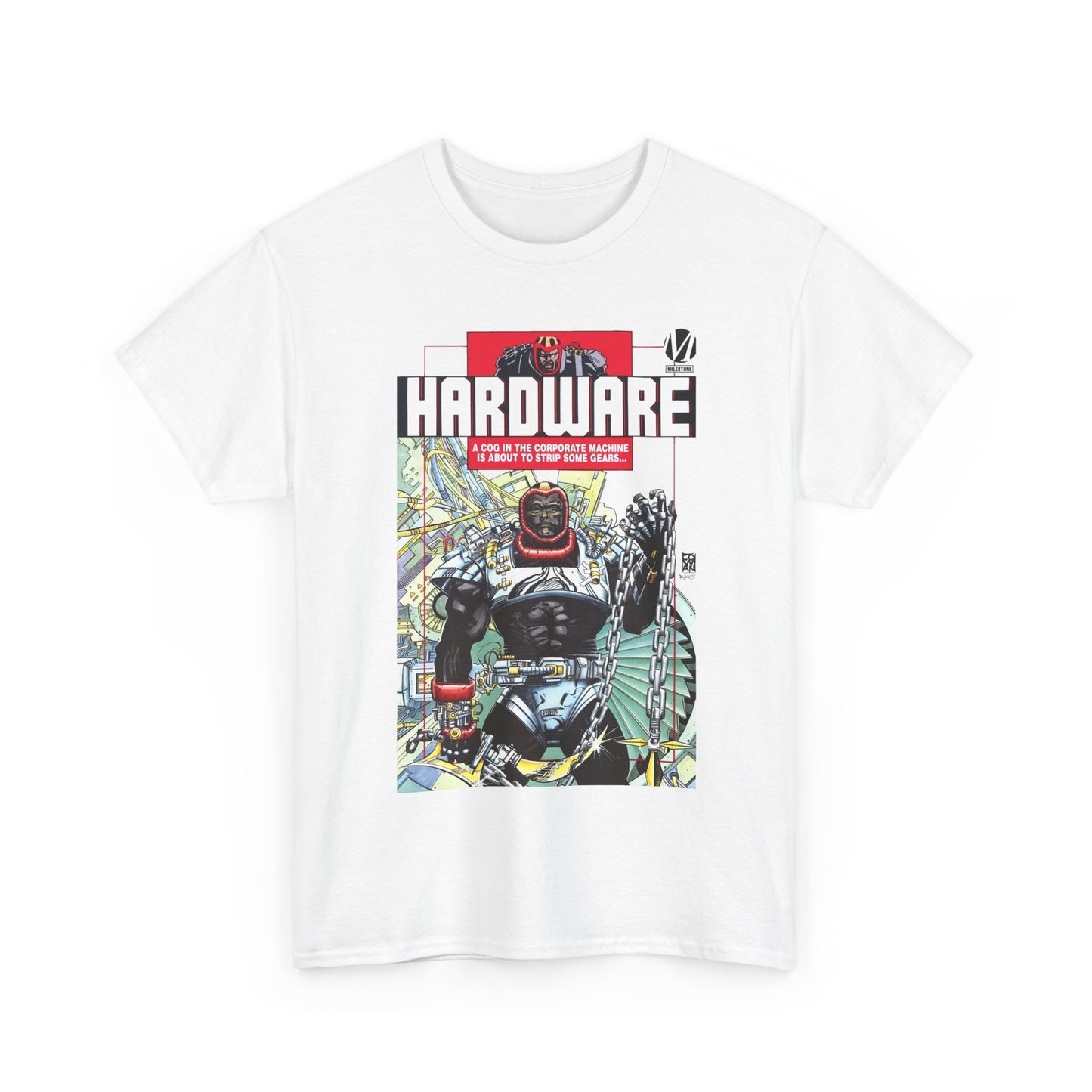 White t-shirt with a colorful graphic design featuring a Milestone Comics character and 'Hardware' branding on a white background.
