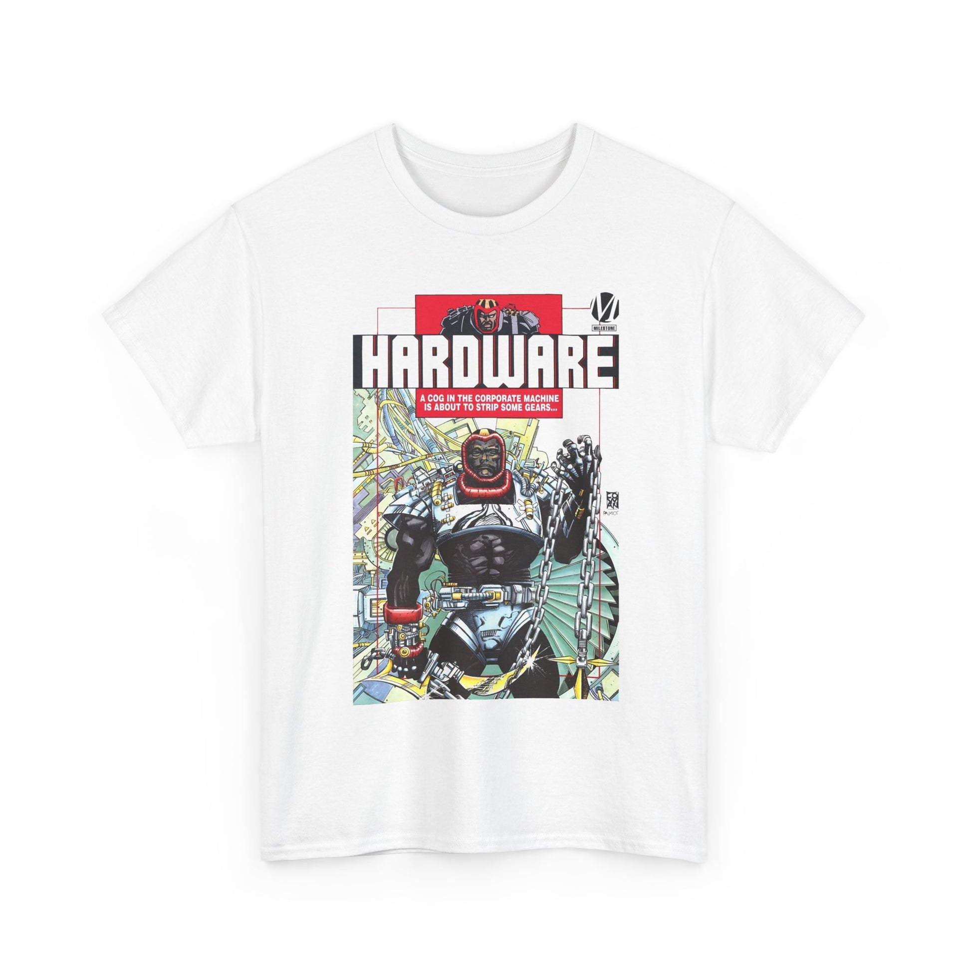 White t-shirt with a colorful graphic design featuring a Milestone Comics character and 'Hardware' branding on a white background.