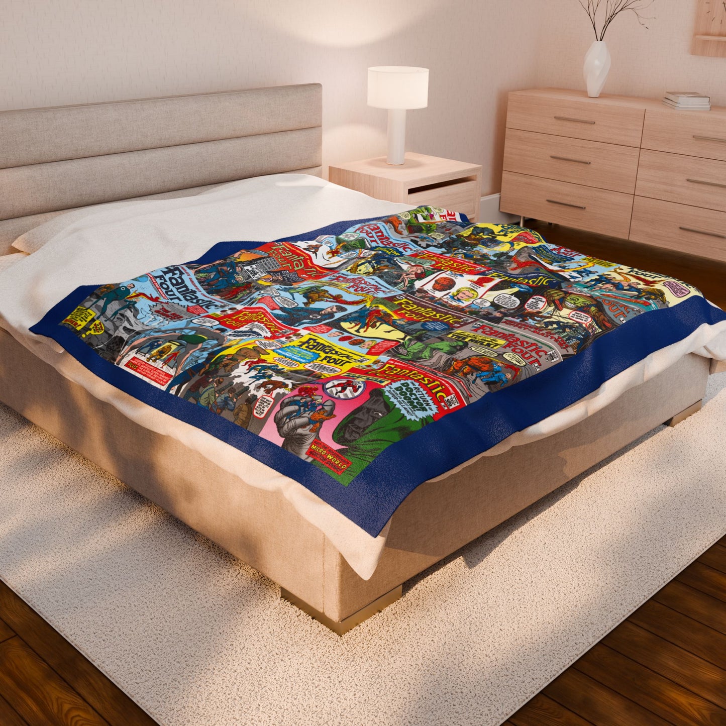 Fantastic Four Plush Blanket 60x80" - Classic Silver Age Jack Kirby Art - Mr. Fantastic, Invisible Woman, Human Torch, The Thing - Marvel Comics