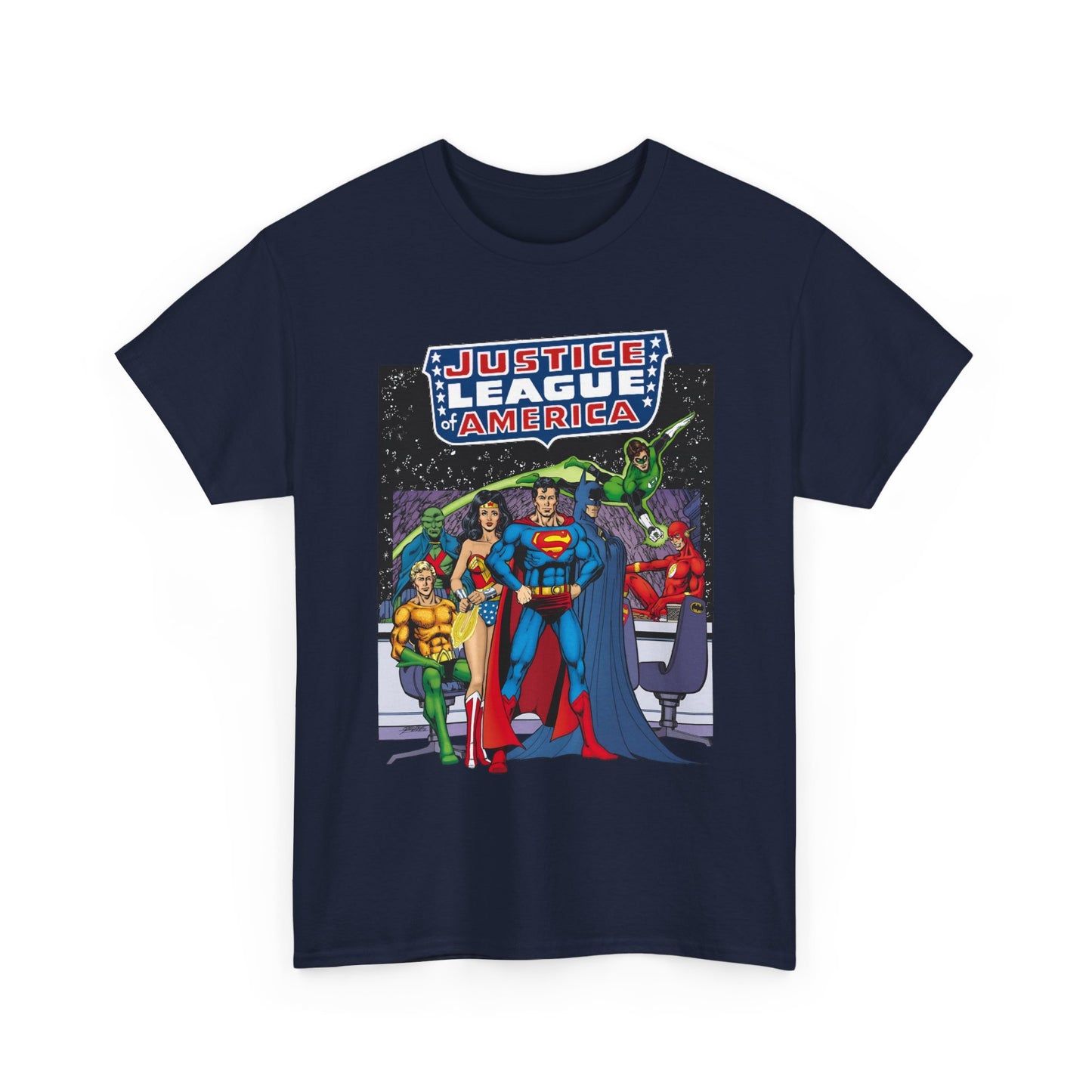 Justice League T-Shirt - George Perez Art - JLA Satellite Era - Superman, Wonder Woman, Green Lantern, Batman, Flash, Aquaman, Martian Manhunter - DC Comics