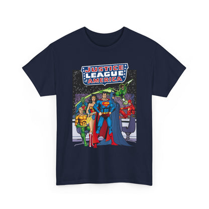 Justice League T-Shirt - George Perez Art - JLA Satellite Era - Superman, Wonder Woman, Green Lantern, Batman, Flash, Aquaman, Martian Manhunter - DC Comics