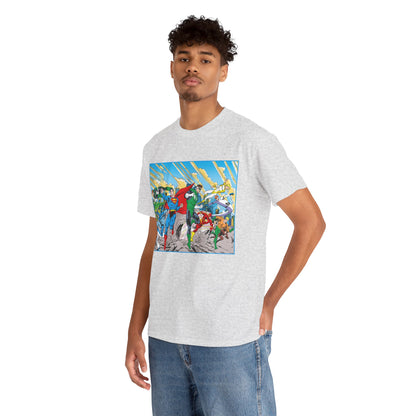 Justice League America/Europe T-Shirt - Dan Jurgens Art - Superman, Blue Beetle, Booster Gold, Green Lantern, Aquaman, Power Girl, Guy Gardner, Flash - DC Comics