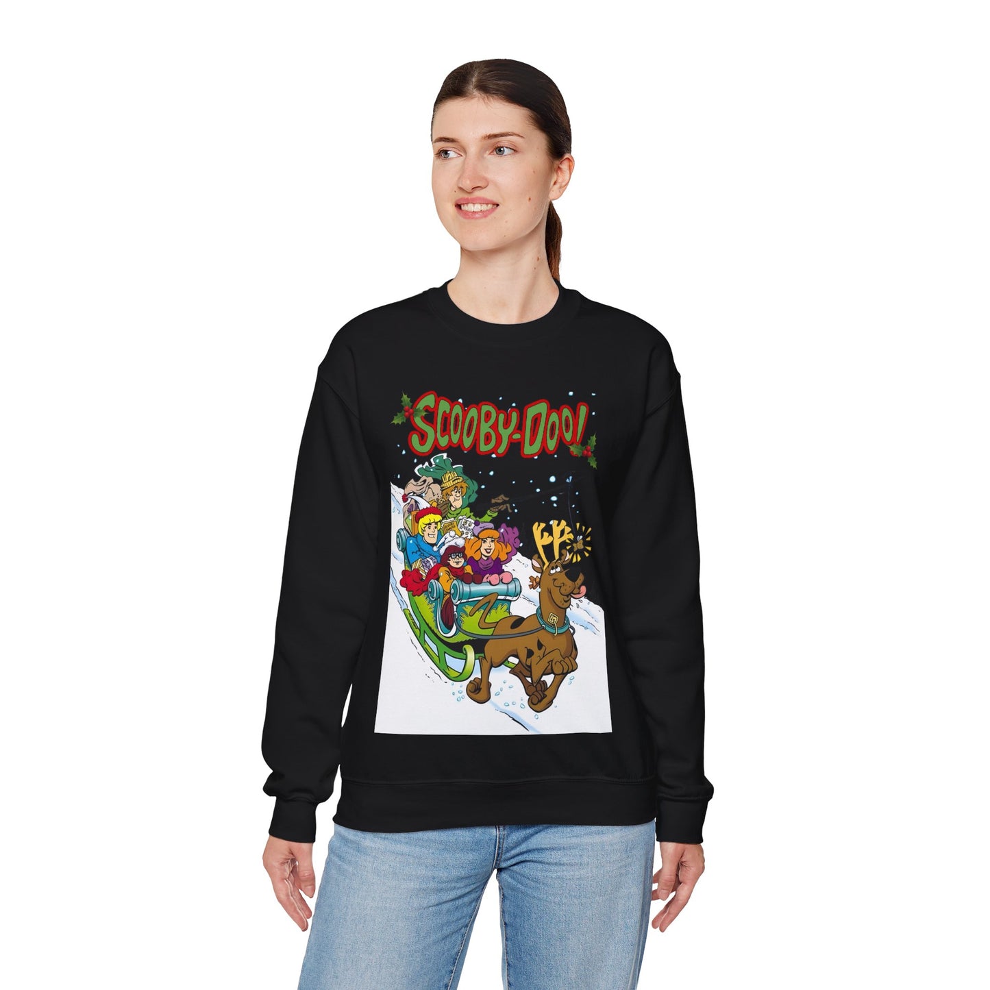 Scooby Doo Christmas Crewneck Sweatshirt - Shaggy, Daphne, Velma, Fred Sleighing Through the Snow