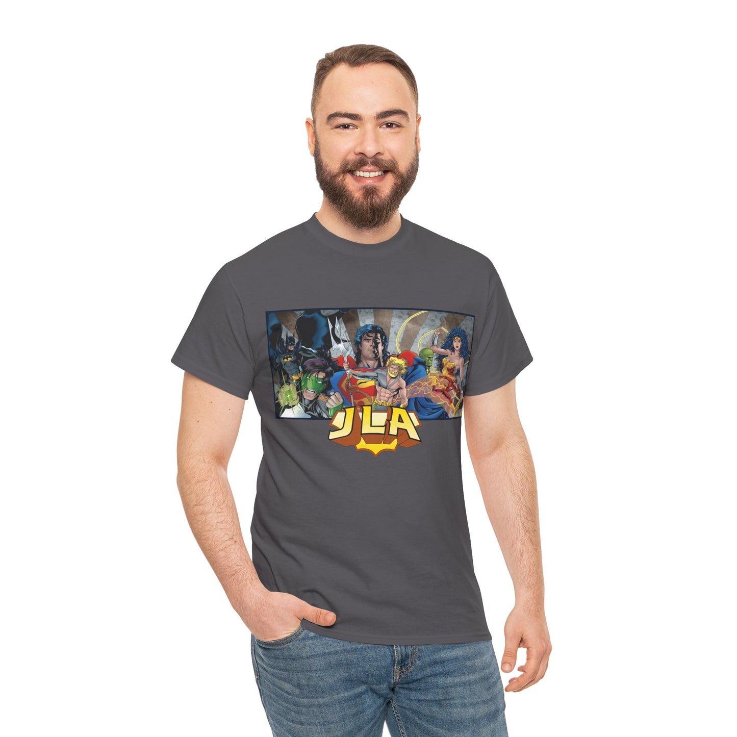 Justice League T-Shirt - Kevin Maguire Art - Superman, Wonder Woman, Batman, Flash, Aquaman, Martian Manhunter, Green Lantern - 90s Lineup - DC Comics