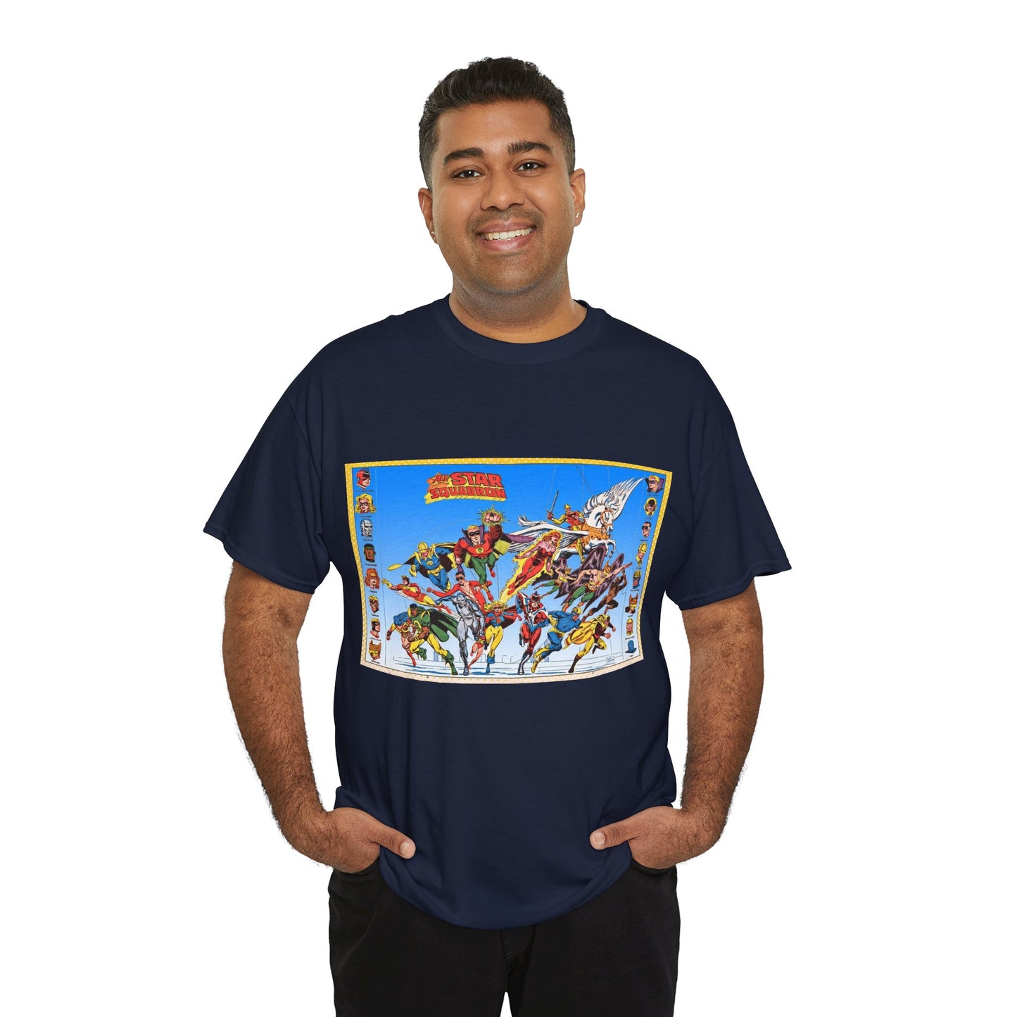 All-Star Squadron T-Shirt - Jerry Ordway Art - JSA Connection - Firebrand, Robotman, Amazing Man, Shining Knight, Tarantula, Dr Fate - Retro 1980s Series - DC Comics