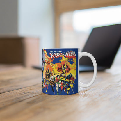 New Teen Titans, Uncanny X-Men Coffee Mug, 11oz - DC & Marvel Comics Crossover - Walt Simonson Art - Cyclops, Wolverine, Dark Phoenix, Cyborg, Raven, Darkseid
