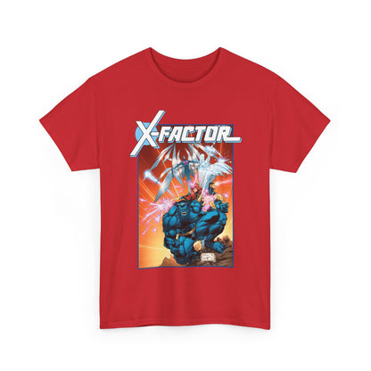 Red t-shirt with Marvel Comics X-Factor graphic design on a white background