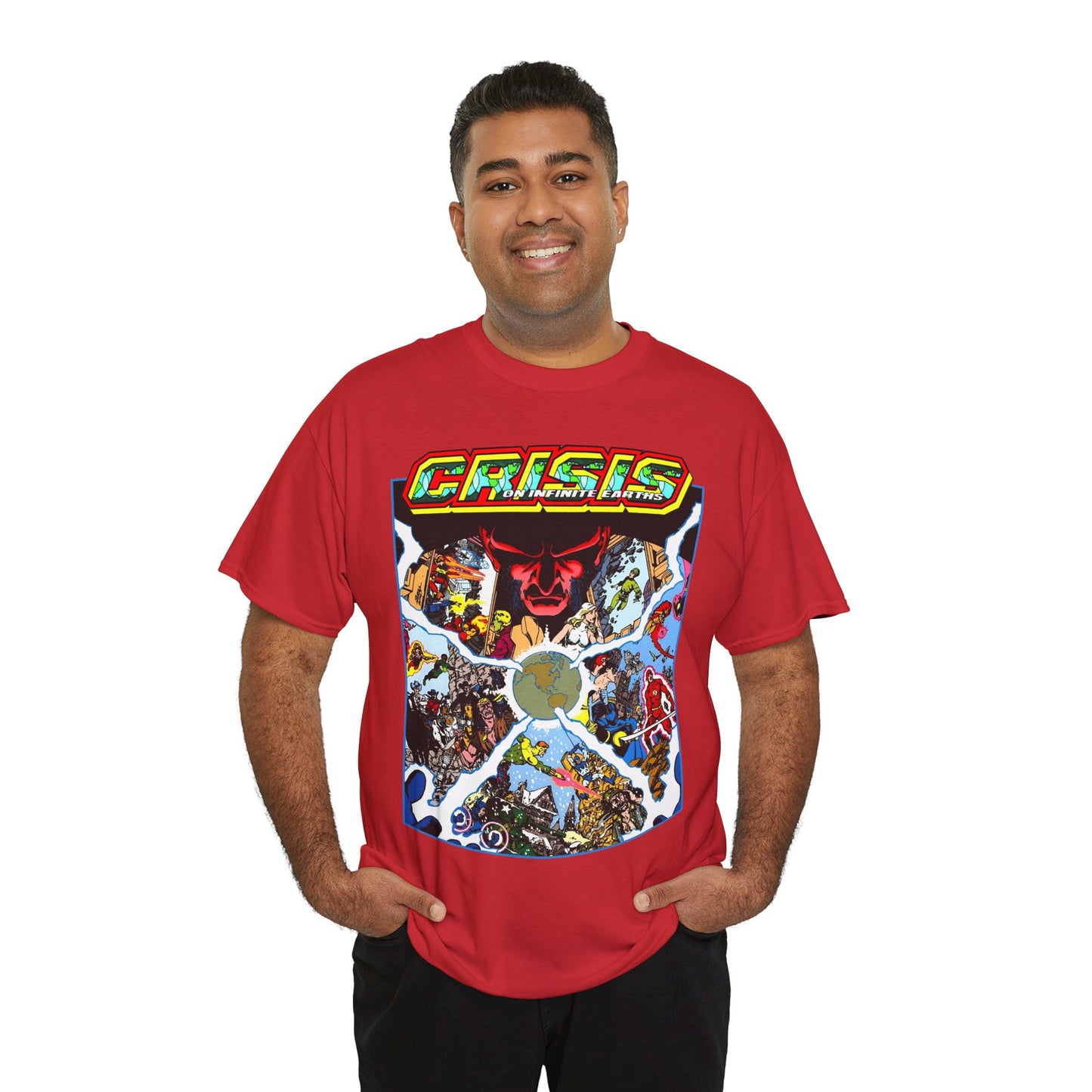 Crisis on Infinite Earths T-Shirt - George Perez Art - #3 Cover - Monitor, Flash, Starfire, Brainiac 5, Dream Girl - DC Comics