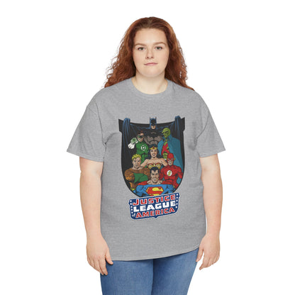 Justice League of America T-Shirt - George Perez Art - Superman, Wonder Woman, Batman, Aquaman, Martian Manhunter, Flash, Green Lantern - DC Comics
