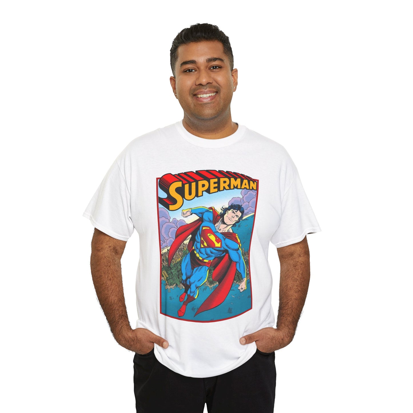Superman T-Shirt - Tom Grummett Art - DC Comics - Metropolis, Man of Steel Flying Through the Sky - Post-Reign of the Supermen Storyline Artwork