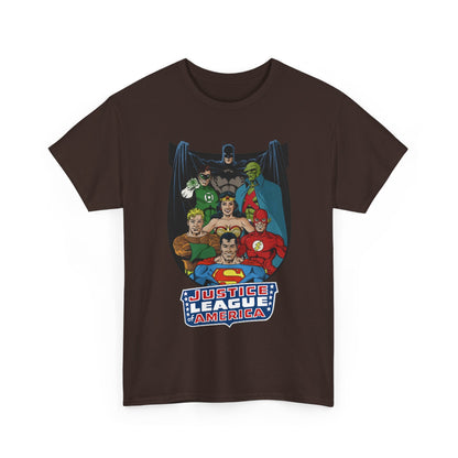 Justice League of America T-Shirt - George Perez Art - Superman, Wonder Woman, Batman, Aquaman, Martian Manhunter, Flash, Green Lantern - DC Comics
