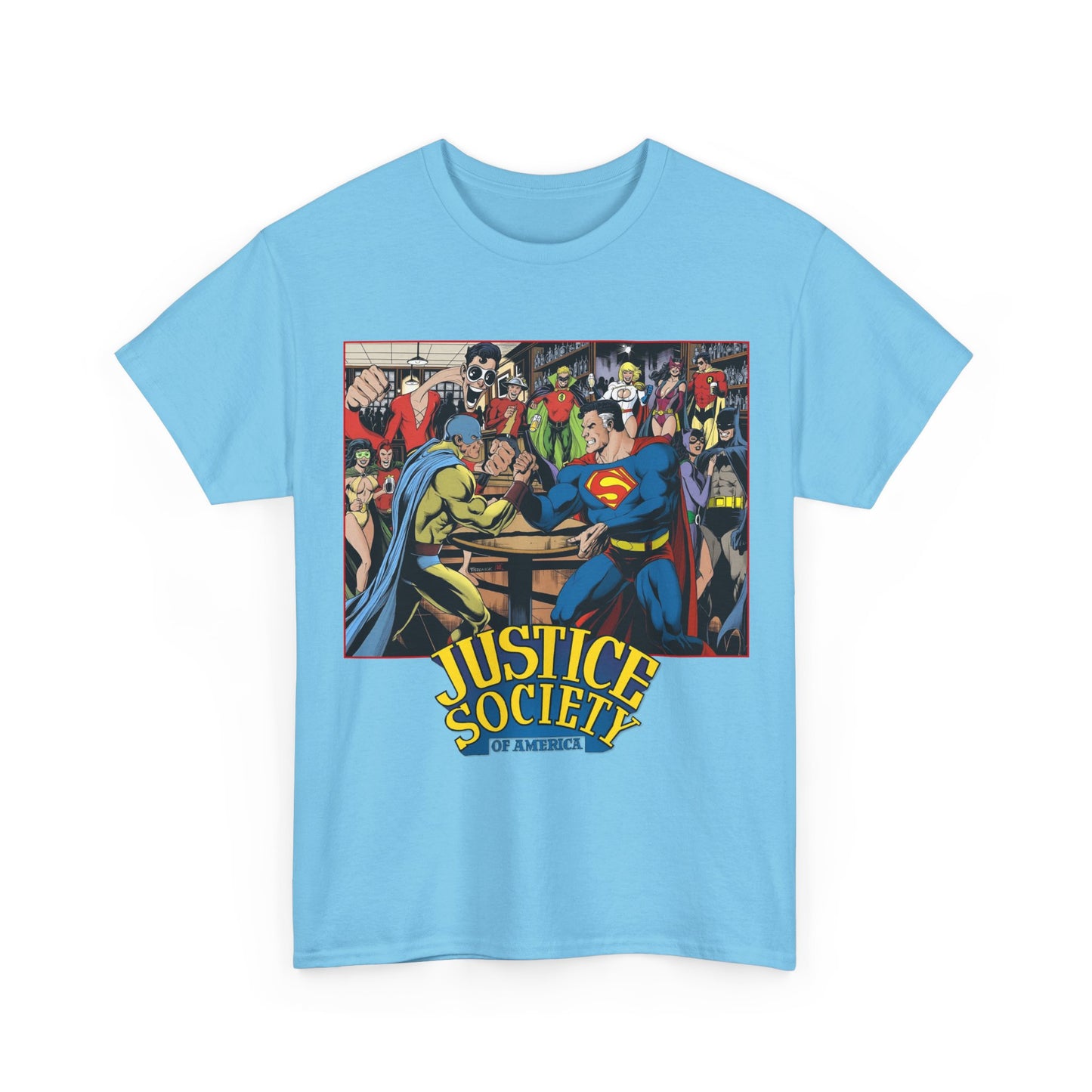 Light blue t-shirt with 'Justice Society of America' graphic featuring Superman and other characters.