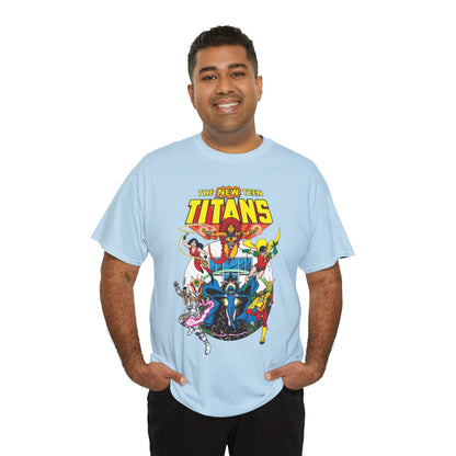 New Teen Titans T-Shirt - Classic George Perez Art - Cyborg, Raven, Starfire, Robin, Wonder Girl, Changeling, Kid Flash - Titans Tower - Popular DC Comics 1980s Series