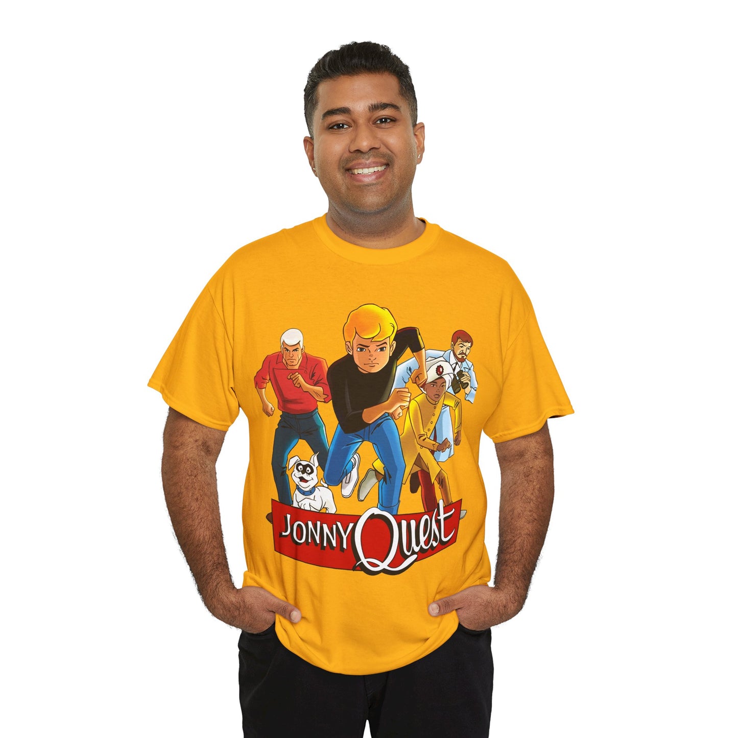 Jonny Quest T-Shirt - Popular Hanna-Barbera Cartoon Characters from the 1960s Adventure TV Show - Dr Benton, Hadji, Race Bannon, Bandit the Dog
