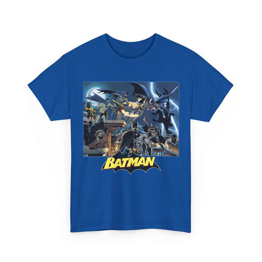 Blue t-shirt with Batman graphic design on a white background