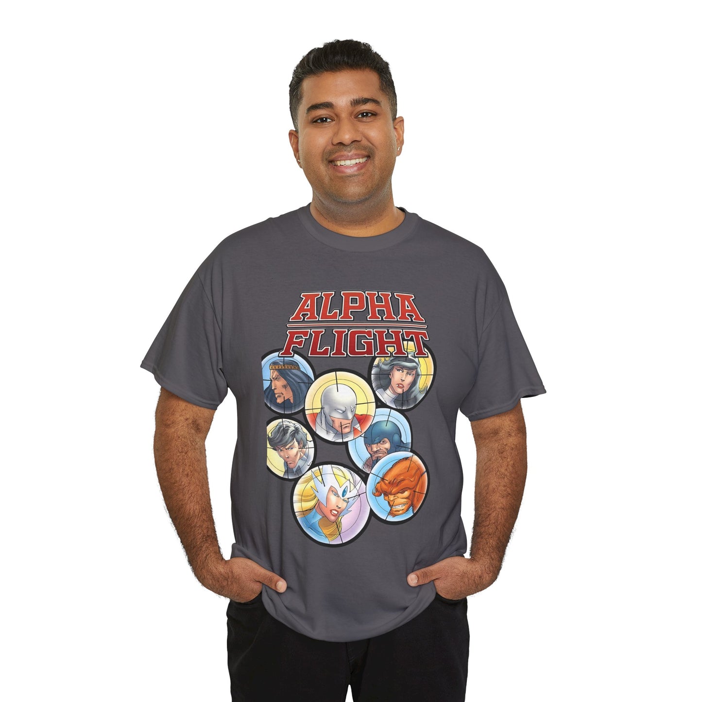 Alpha Flight T-Shirt - John Byrne Art - Guardian, Aurora, Northstar, Sasquatch, Shaman, Puck, Snowbird - Canada's Super Heroes - Marvel Comics