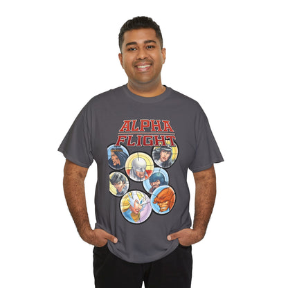 Alpha Flight T-Shirt - John Byrne Art - Guardian, Aurora, Northstar, Sasquatch, Shaman, Puck, Snowbird - Canada's Super Heroes - Marvel Comics