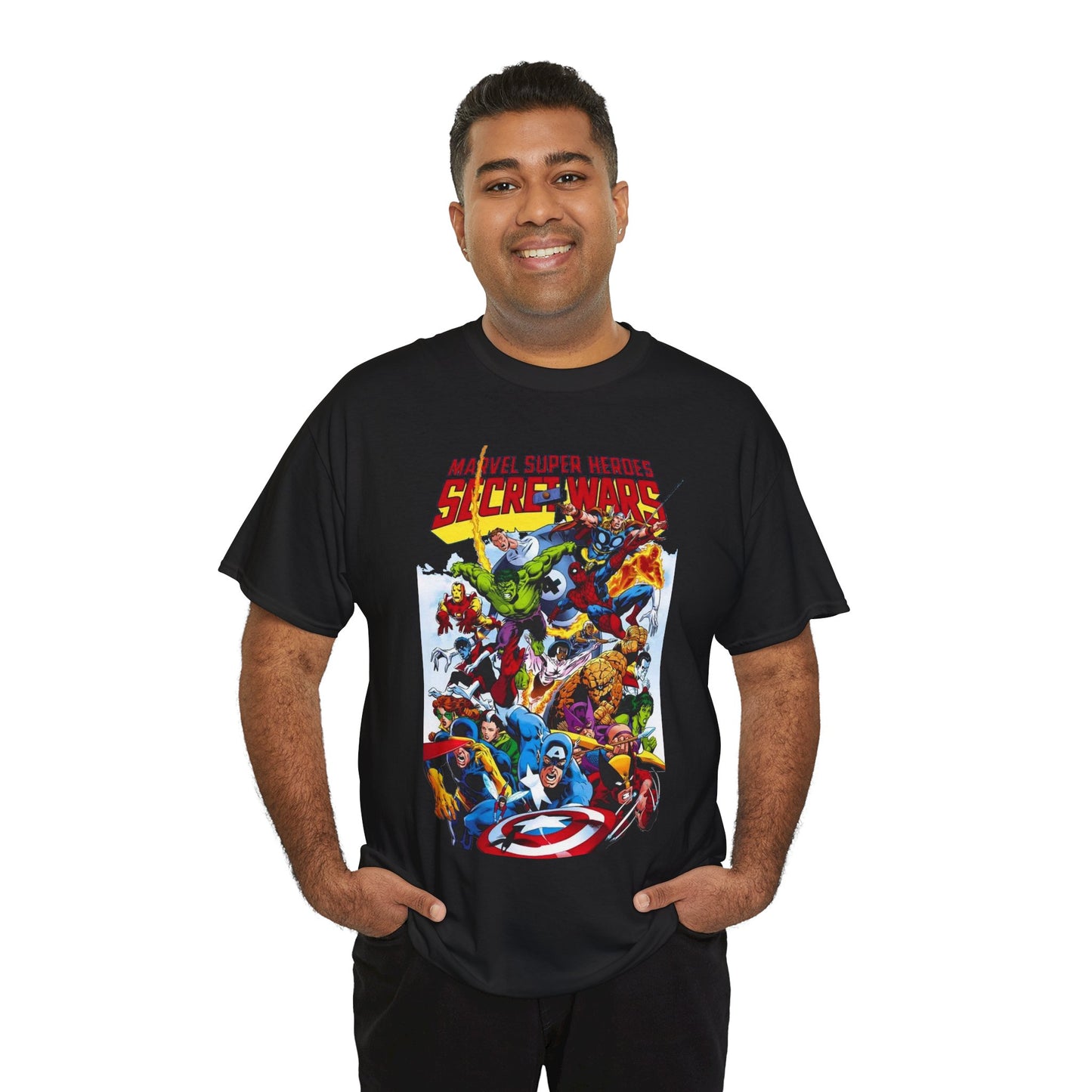 Secret Wars T-Shirt - Spider-man, Wolverine, Iron Man, Captain America, Cyclops, Rogue, Hulk, Mr Fantastic, The Thing - Classic Marvel Comics 1980s Series - The Beyonder