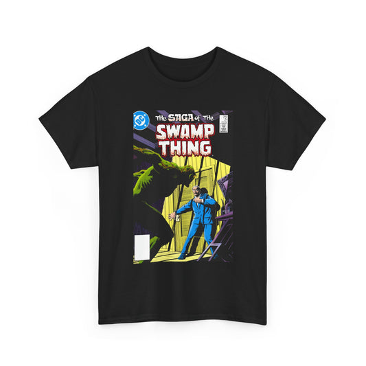 Black t-shirt with 'The Saga of the Swamp Thing' comic book cover design on a white background