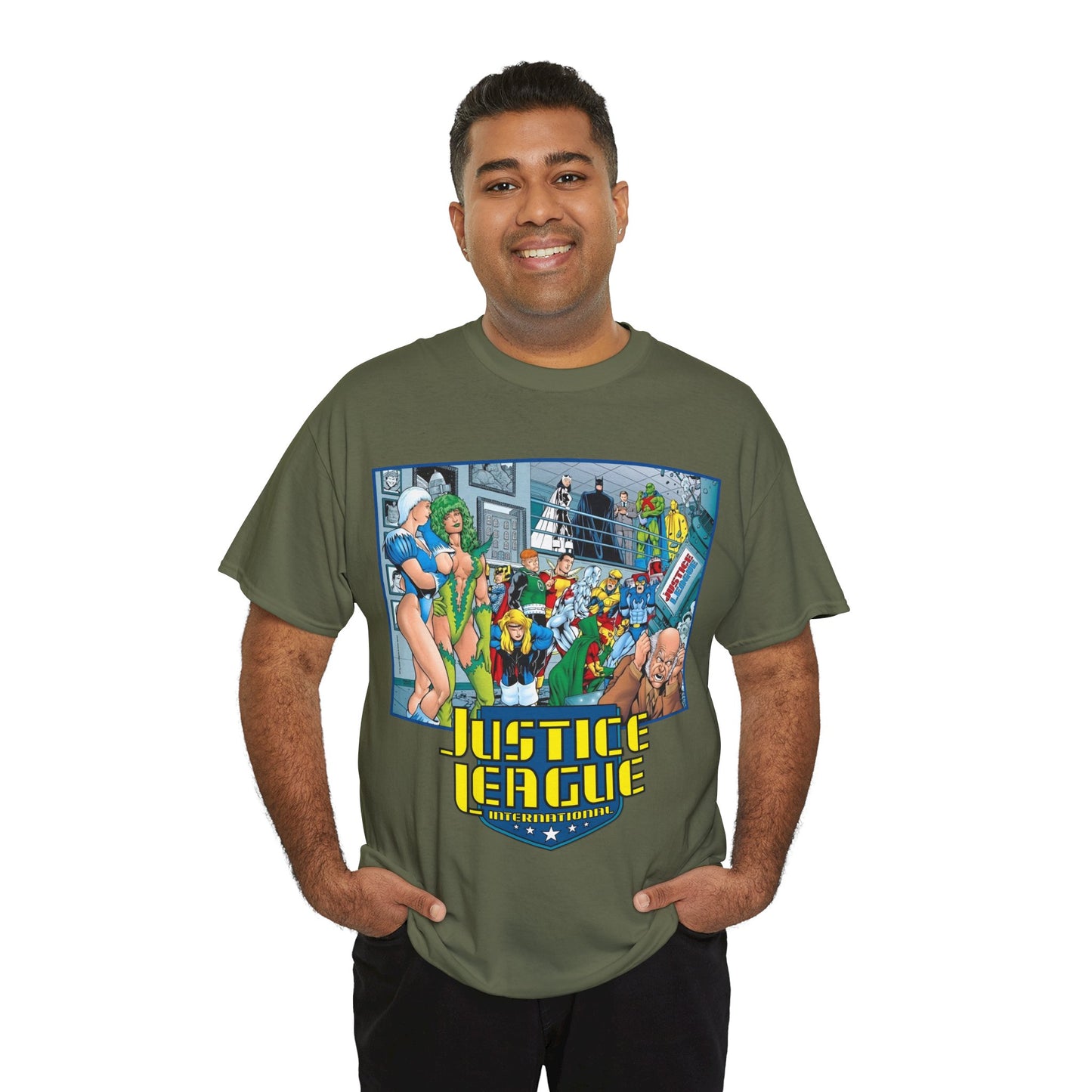 Justice League International T-Shirt - Kevin Maguire Art - Blue Beetle, Booster Gold, Martian Manhunter, Captain Atom, Batman, Fire, Ice - DC Comics - JLI