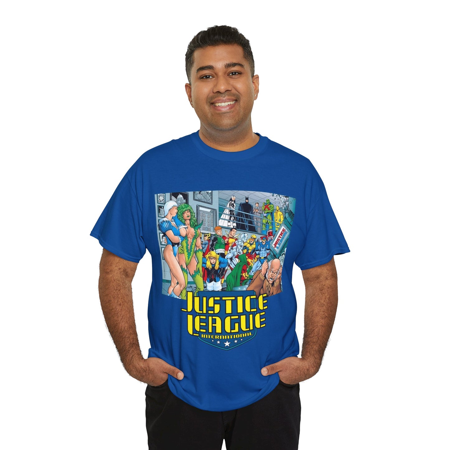 Justice League International T-Shirt - Kevin Maguire Art - Blue Beetle, Booster Gold, Martian Manhunter, Captain Atom, Batman, Fire, Ice - DC Comics - JLI