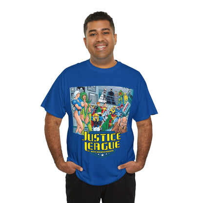 Justice League International T-Shirt - Kevin Maguire Art - Blue Beetle, Booster Gold, Martian Manhunter, Captain Atom, Batman, Fire, Ice - DC Comics - JLI