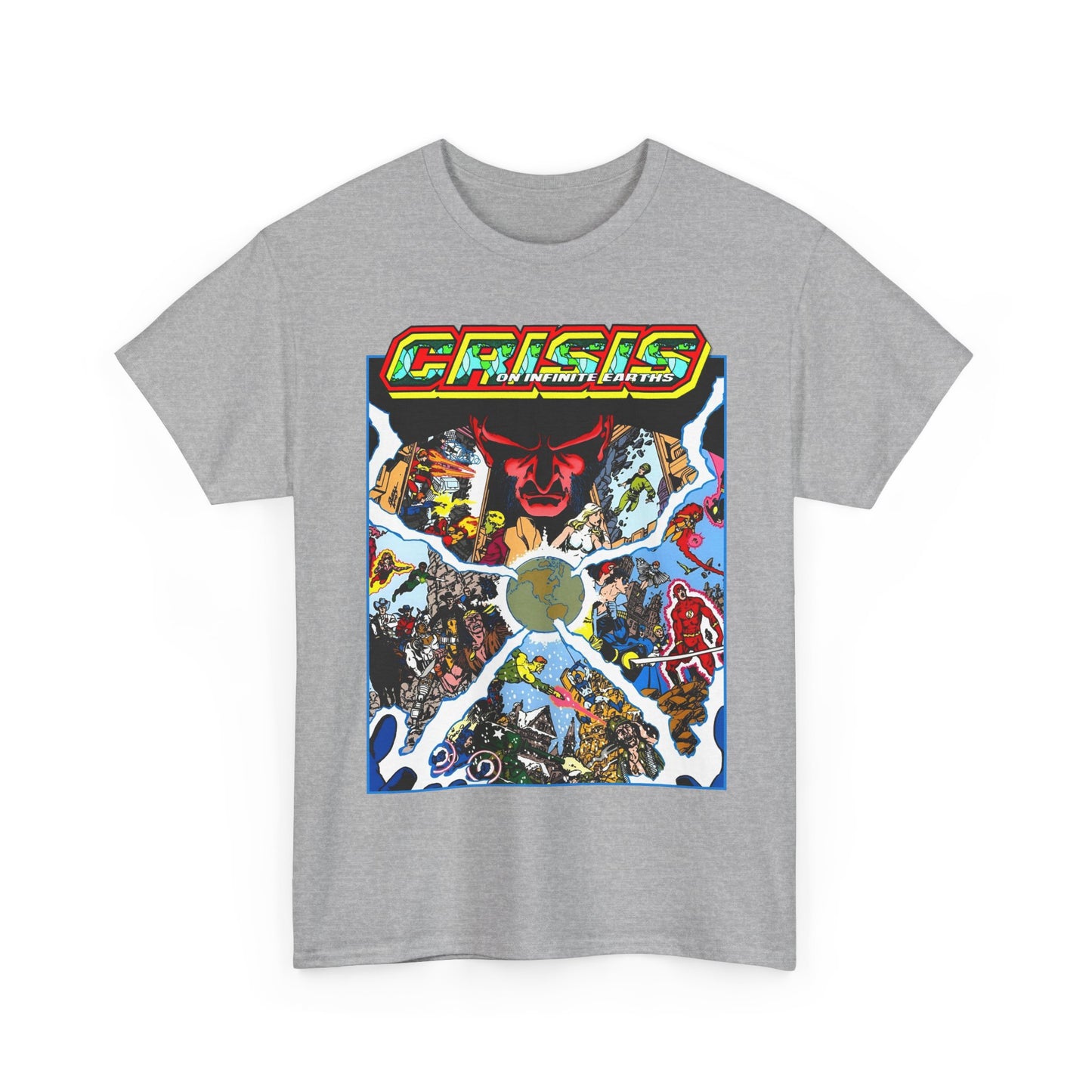 Crisis on Infinite Earths T-Shirt - George Perez Art - #3 Cover - Monitor, Flash, Starfire, Brainiac 5, Dream Girl - DC Comics