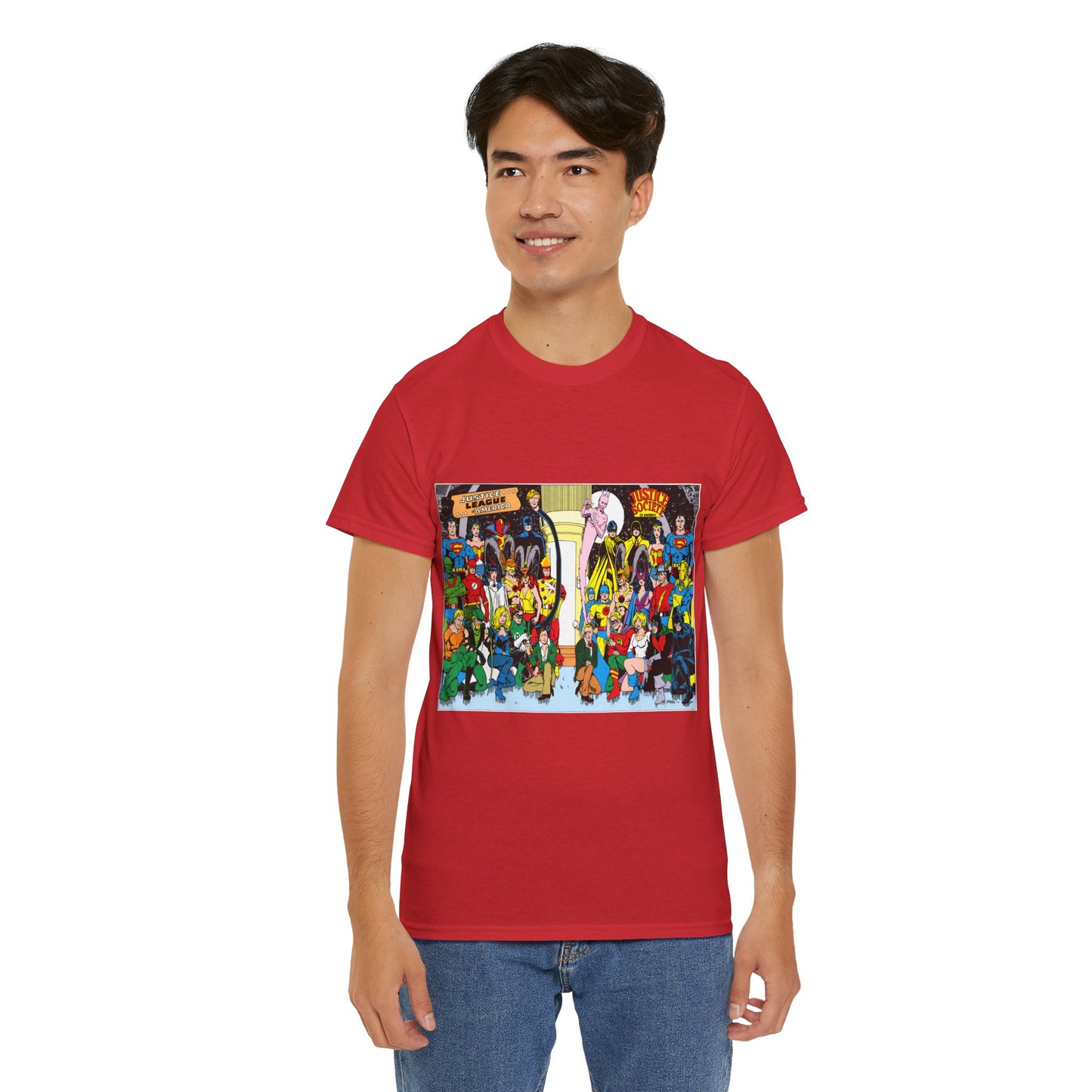 JLA & JSA T-Shirt - George Perez Art - Justice League, Society Team-up - Batman, Wildcat, Dr Fate, Hourman, Firestorm, Superman
