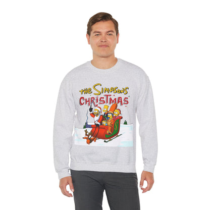 Simpsons Family Christmas Crewneck Sweatshirt - Homer, Marge, Bart, Lisa, Maggie - Riding a Christmas Sleigh Through the Winter Snow