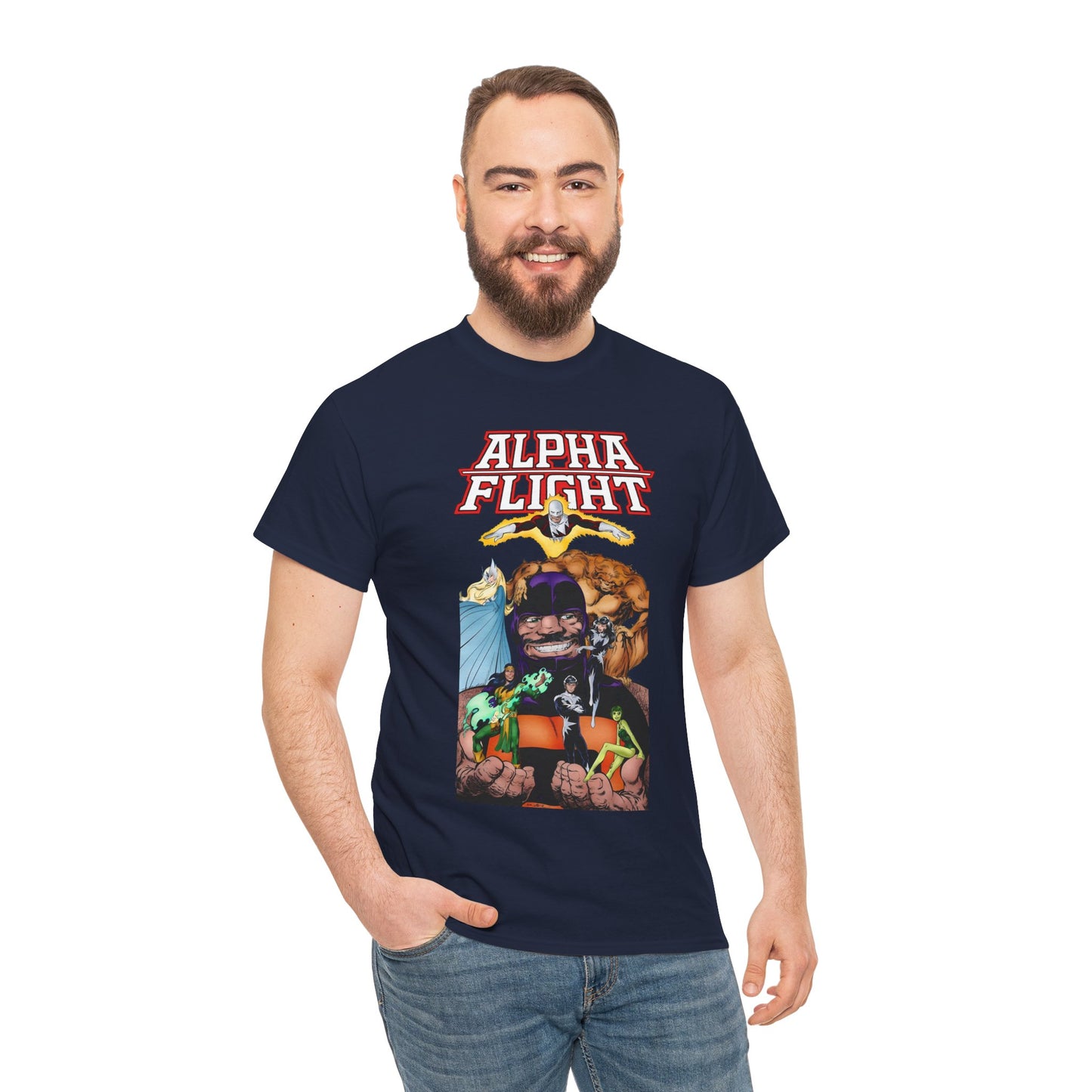 Alpha Flight T-Shirt - John Byrne Art - Guardian, Aurora, Northstar, Shaman, Snowbird, Puck - Marvel Comics