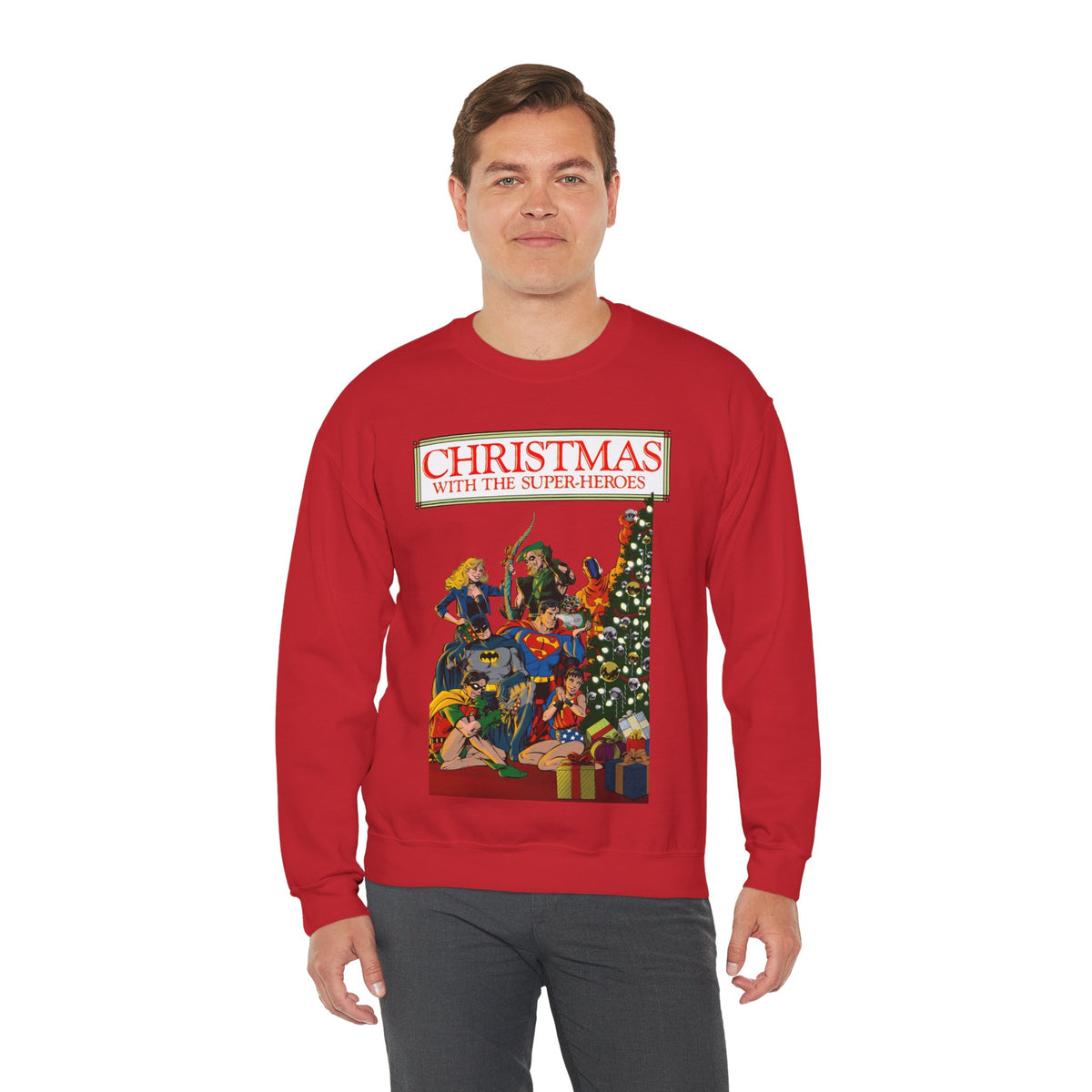 Christmas With the DC Super-Heroes Heavy Blend Crewneck Sweatshirt - Superman, Batman, Green Arrow, Black Canary - Festive Holiday Shirt