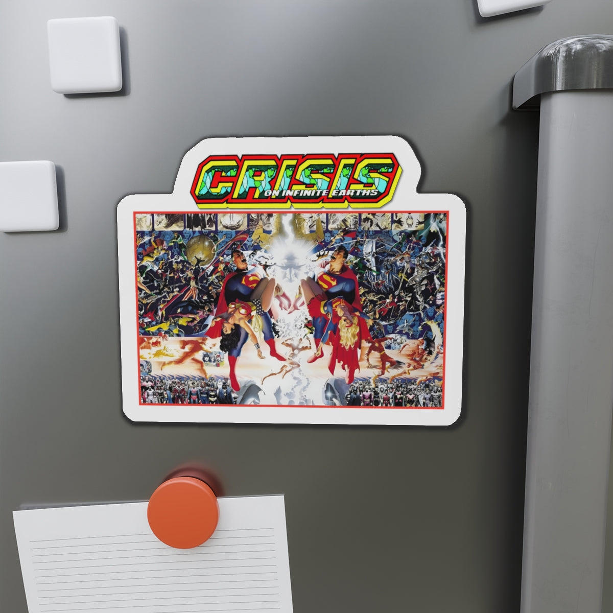 Crisis on Infinite Earths Die-Cut Magnet - George Perez & Alex Ross Art - Superman, Wonder Woman, Supergirl, Flash - DC Comics Classic Image - 3", 4", 5", 6"