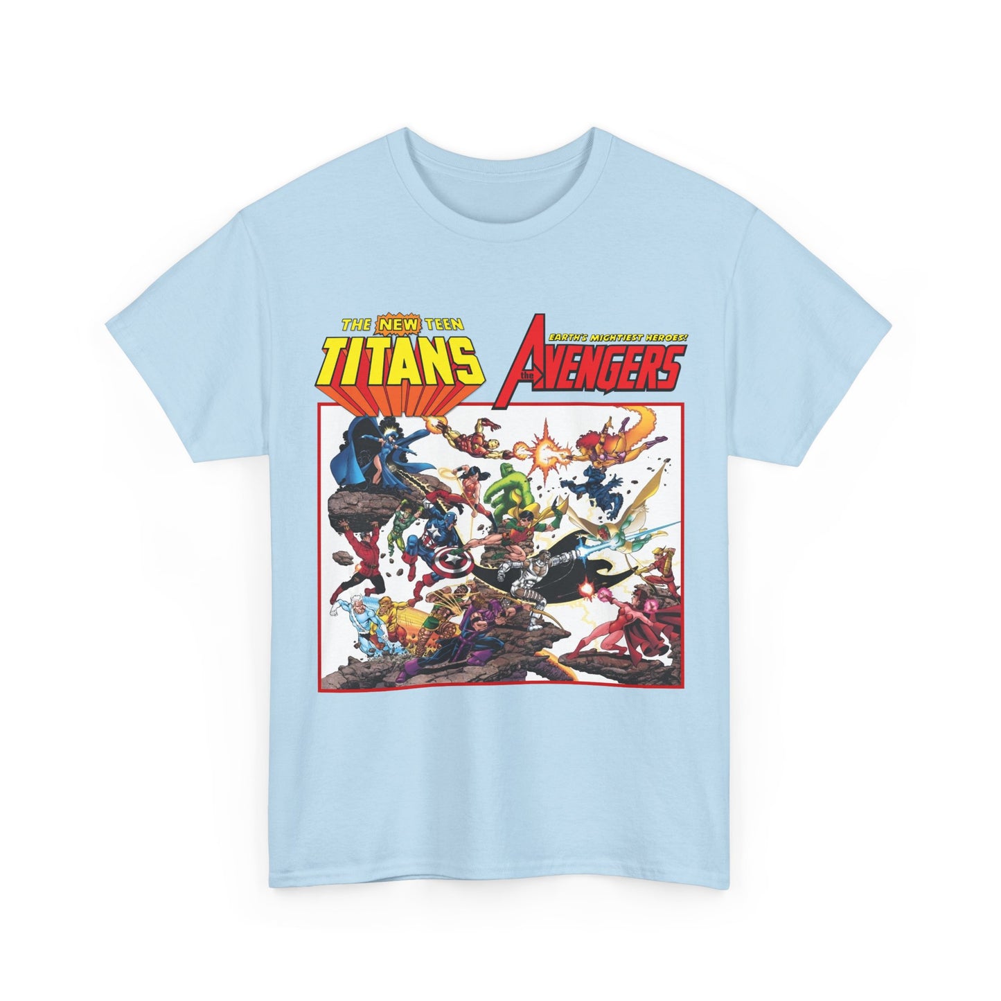 New Teen Titans Vs Avengers T-Shirt - George Perez Art - Hawkeye, Wonder Man, Raven, Starfire, Cyborg, Scarlet Witch, Wonder Girl - DC Comics & Marvel Comics