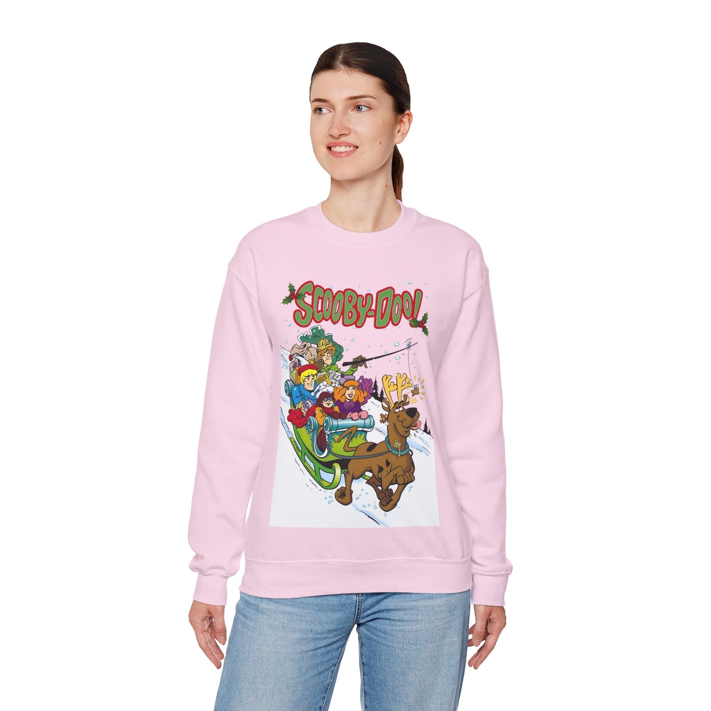 Scooby Doo Christmas Crewneck Sweatshirt - Shaggy, Daphne, Velma, Fred Sleighing Through the Snow