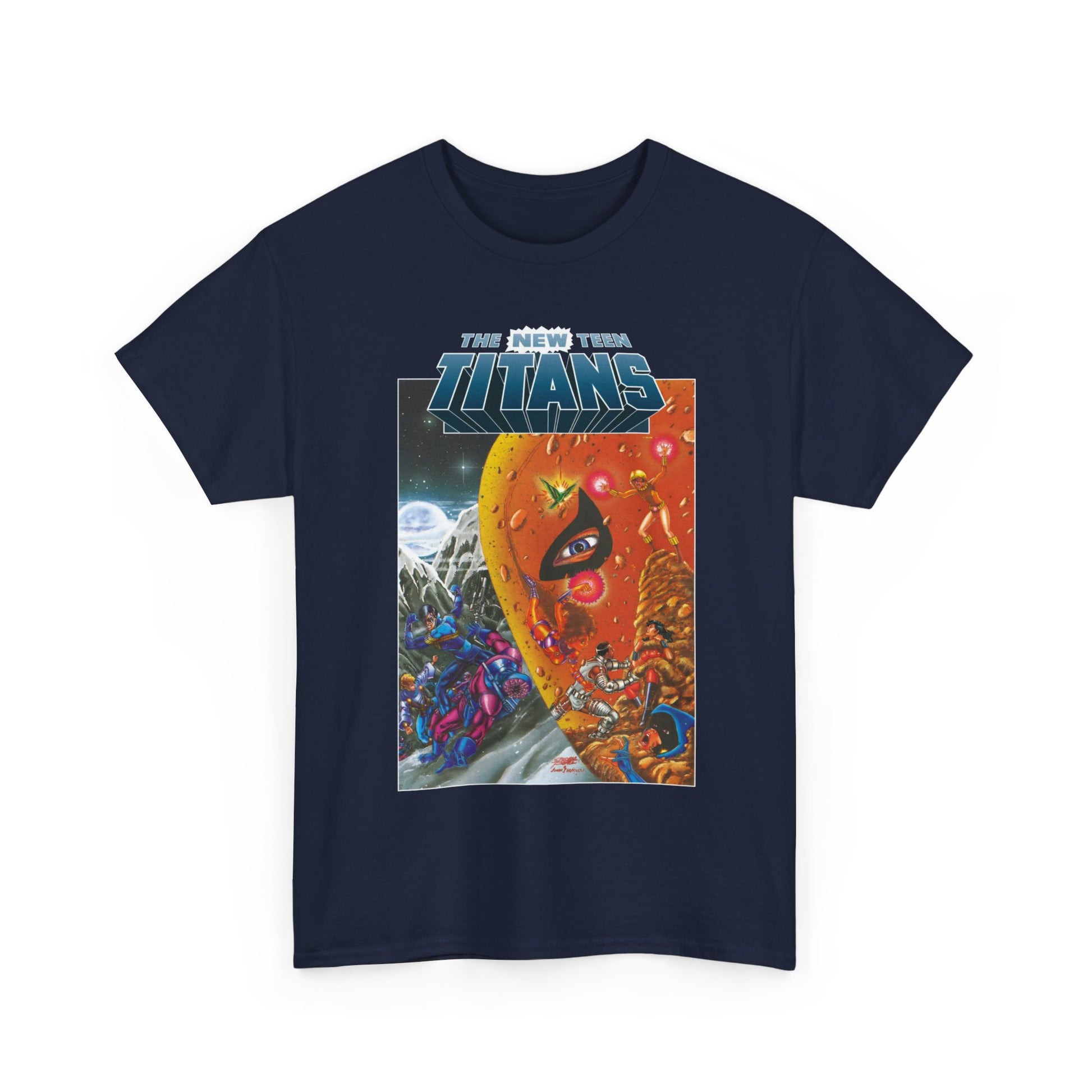 Navy blue t-shirt with 'The New Teen Titans' graphic design on a white background