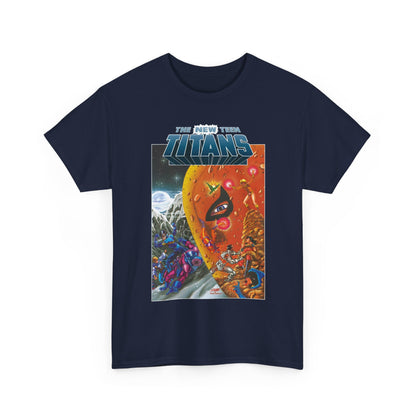Navy blue t-shirt with 'The New Teen Titans' graphic design on a white background