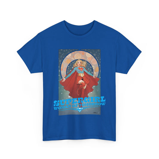 Blue t-shirt with Supergirl graphic design on a white background
