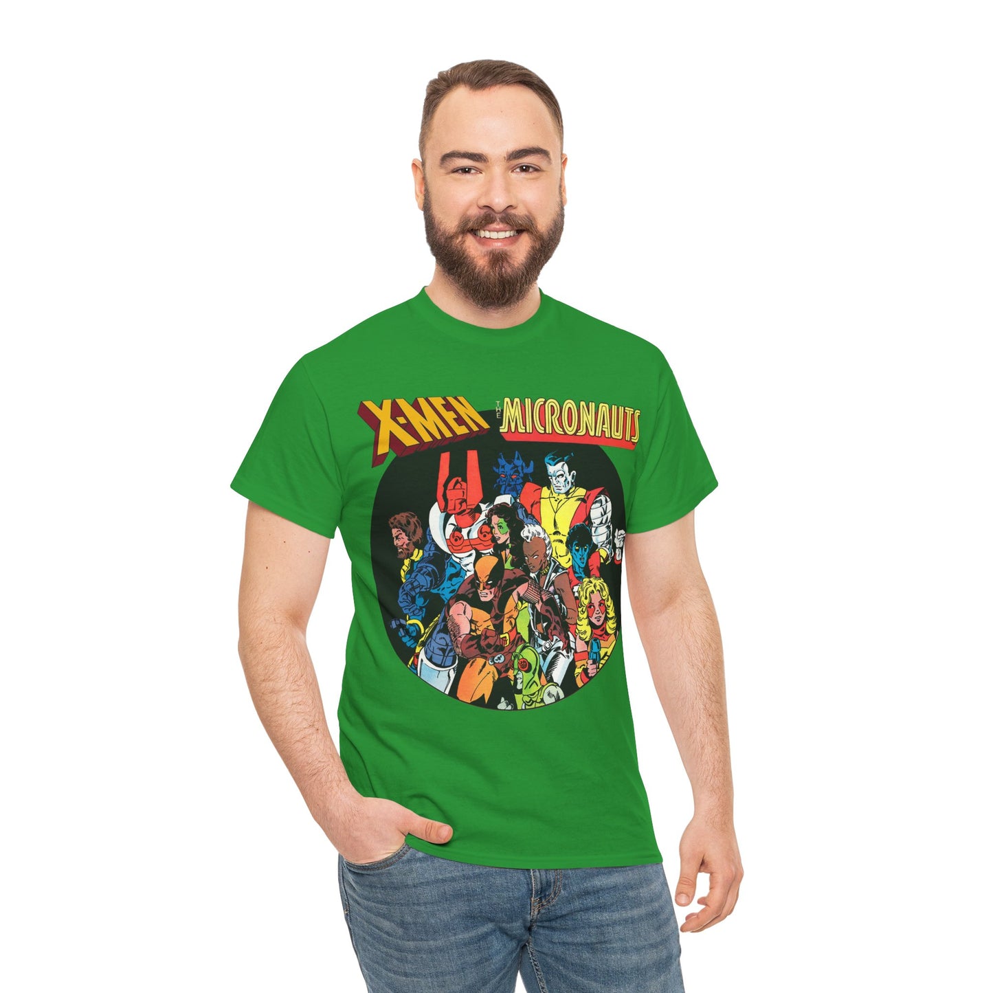 X-Men/Micronauts T-Shirt - Wolverine, Storm, Nightcrawler, Kitty Pryde, Colossus, Acroyear, Arcturus Rann, Marionette Bug - Marvel Comics - Popular 1980s Crossover Mini-Series