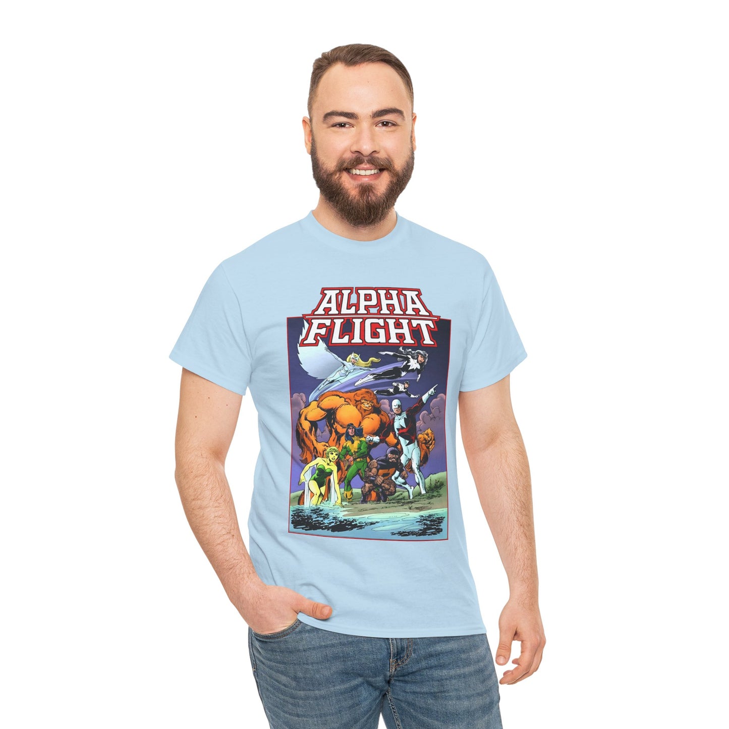 Alpha Flight T-Shirt - John Byrne Art - Guardian, Aurora, Northstar, Shaman, Snowbird, Puck - Marvel Comics - Canada's Super-Team